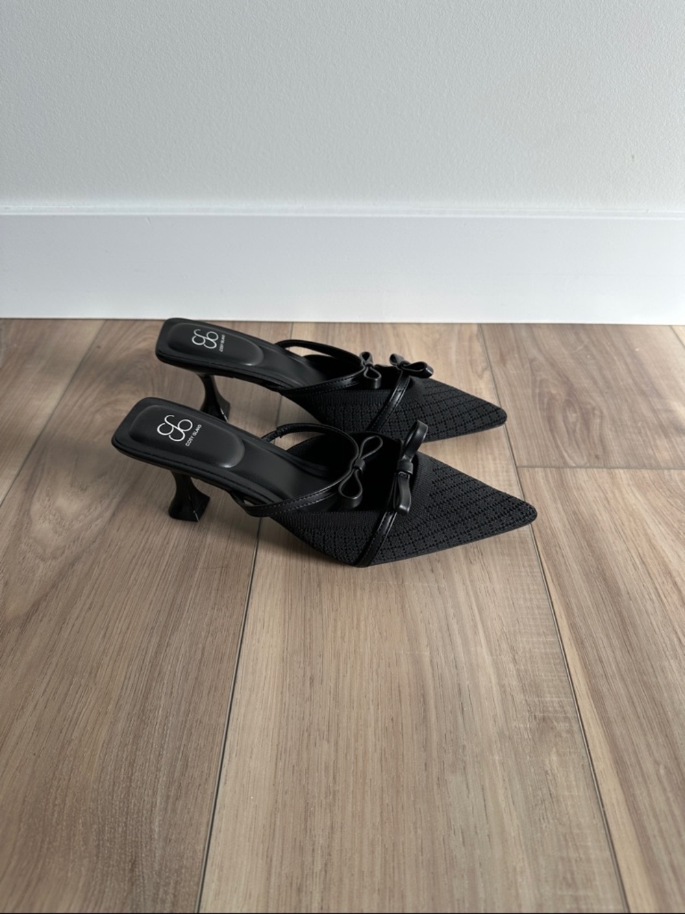 Black Pointed Slingback Mules with Bow Detail